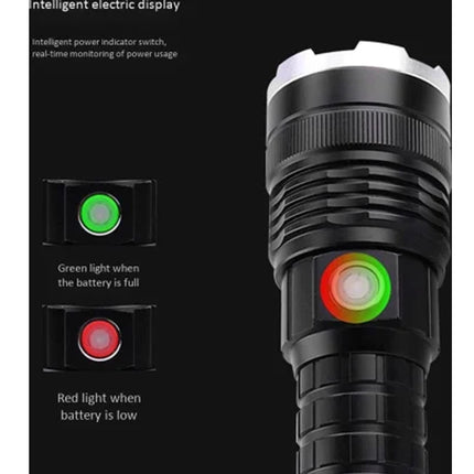 Black flashlight with power indicator lights on a black background