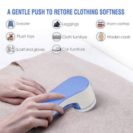 Hand using a blue garment fabric with text about its uses.