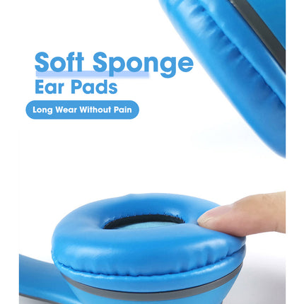 Blue soft sponge ear pad with text 'Soft Sponge Ear Pads' and 'Long Wear Without Pain' on a white background.