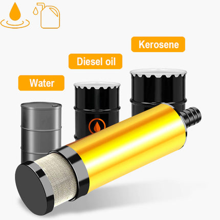 Filter with labels for diesel oil, kerosene, and water on a white background