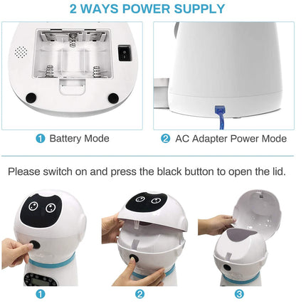 Instructions on how to use a device with battery and AC adapter modes, including images of hands operating the device.