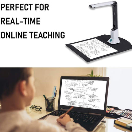 Document camera on a desk with text 'Perfect for Real-Time Online Teaching' and a person using a laptop.