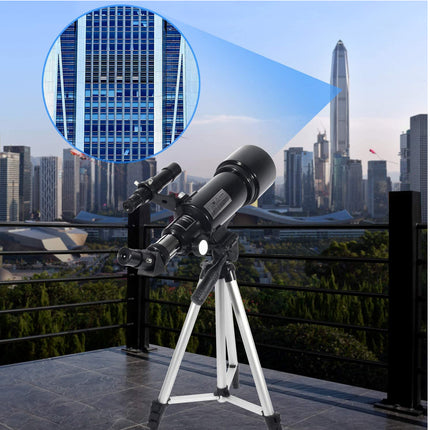 Telescope on a stand with a cityscape background