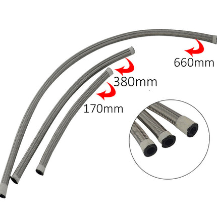 Three flexible metal hoses with measurements on a white background