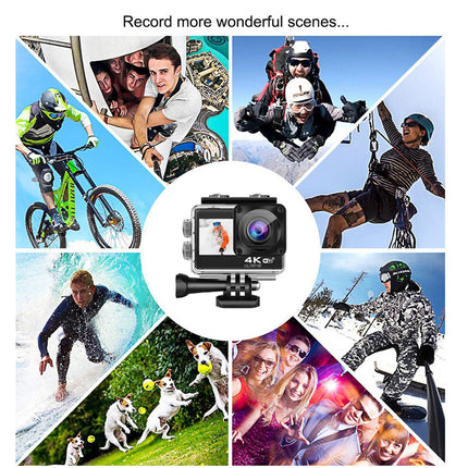 Action camera with various adventurous activities displayed around it