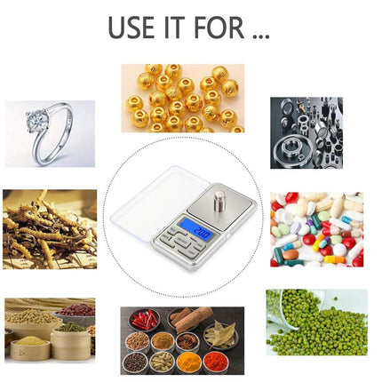 Digital scale with various items it can measure on a white background
