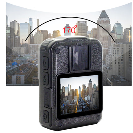 Body camera with screen displaying a cityscape, showing 170-degree field of view.