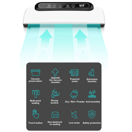 Vacuum sealing device with feature icons on a white background