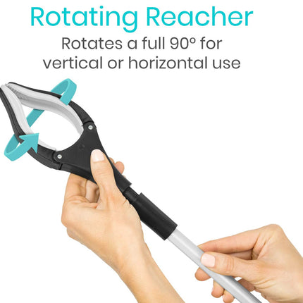 Rotating Reacher being held by a hand with text indicating its ability to rotate 90 degrees for vertical or horizontal use.