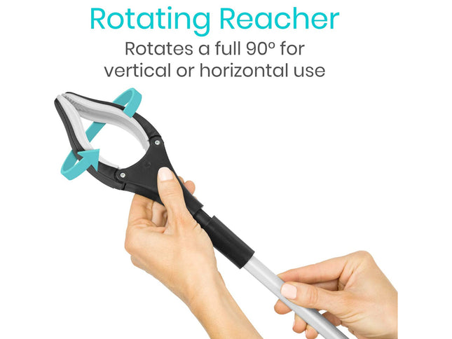 Rotating Reacher being held by a hand with text indicating its ability to rotate 90 degrees for vertical or horizontal use.
