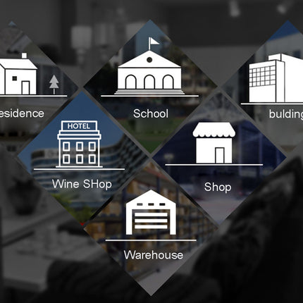 Set of building icons with labels on a blurred background