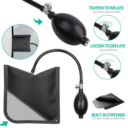 Black inflatable air pump and deflation pouch set with feature callout circles on a white background.