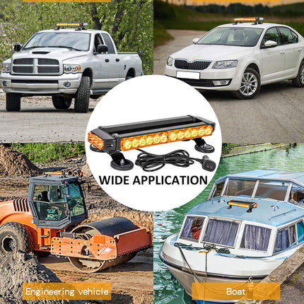 A collage showing a wide variety of vehicles that can use a long bar light: a silver pickup truck, a white sedan, an orange construction roller, and a white boat. A central white circle displays the black bar light with amber LEDs and mounting clips, with the text 'WIDE APPLICATION' over the collage.