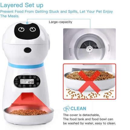 Pet feeder with digital display and food container, featuring text on benefits and features.