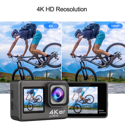 Action camera with 4K HD resolution display and a person riding a bike in the background.