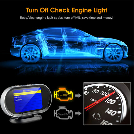 Car diagnostic tool with a blue car illustration and text about turning off check engine light.