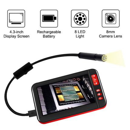 A flexible endoscope camera with a 4.3-inch display screen, rechargeable battery, 8 LED light, and 8mm camera lens, shown on a white background with feature icons above it.