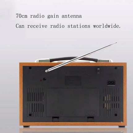 Vintage-style radio with wooden casing and metal antenna on a light gray background.