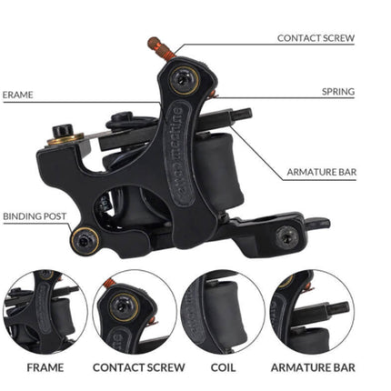 Tattoo machine with labeled parts on a white background