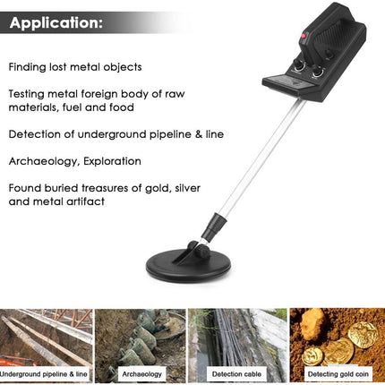Metal detector with text on its applications on a white background