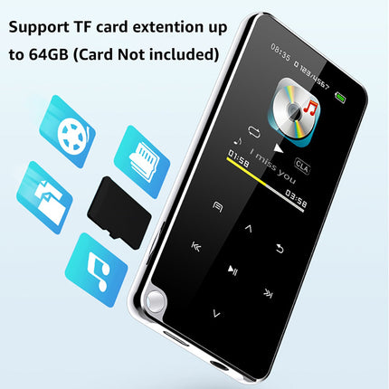 A black portable music player or audio device with a glossy screen, shown at an angle on a light blue background. Text at the top reads 'Support TF card extention up to 64GB (Card Not included)'.