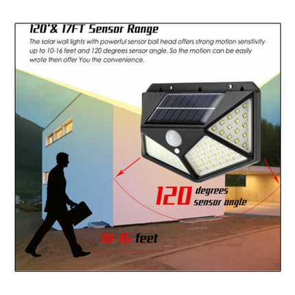 Solar wall light with motion sensor and range illustration on a white background