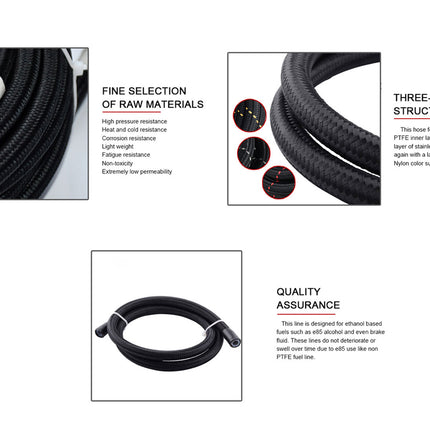 Product details of a black hose with text on material selection, structure design, and quality assurance.