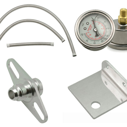 Collection of metal components including pipes, a gauge, and brackets on a white background