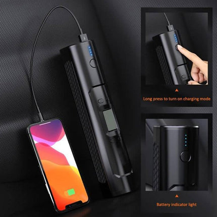 A black portable power bank with a built-in vape pen attachment and a smartphone shown charging, on a dark textured background. Two inset panels on the right show close-ups: one with a finger pressing the power button in charging mode, and one showing blue battery indicator lights.