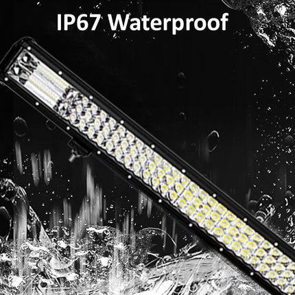 LED light bar with 'IP67 Waterproof' text surrounded by water droplets on a black background