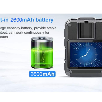 Product with a 2600mAh battery display and clock on screen, on a light blue background.