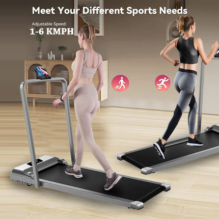 Two women using portable treadmills in a home setting with text indicating adjustable speed.