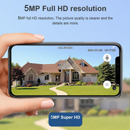 Hand holding a smartphone displaying a house view with 5MP Full HD resolution text.