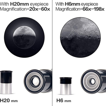 Comparison of H20mm and H6mm eyepieces with magnification ranges on a white background.