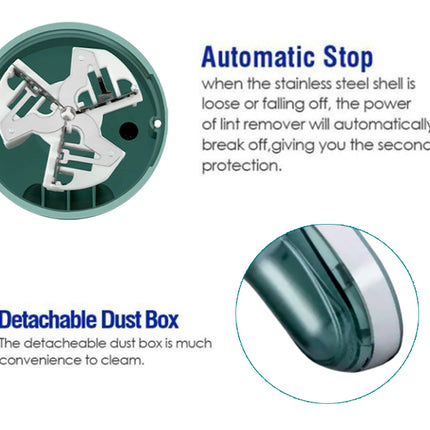 Lint remover with detachable dust box and automatic stop feature on a white background