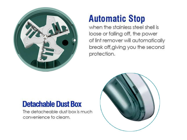 Lint remover with detachable dust box and automatic stop feature on a white background