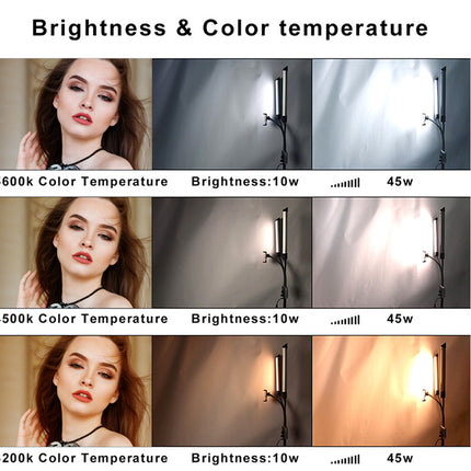 A comparison chart titled 'Brightness & Color temperature' showing three sets of portrait photos and corresponding light output graphs for 5600k, 4500k, and 3200k color temperatures, with brightness levels 10w, 40w, and 45w.