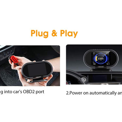 Instructions for using a car diagnostic tool with text 'Plug & Play' on a white background.