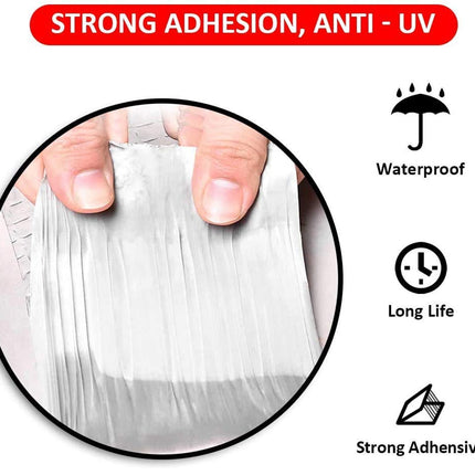 Product showing strong adhesion with a hand holding it, labeled as waterproof, long-lasting, and strong adhesive.