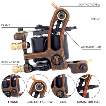 Tattoo machine with labeled parts on a white background
