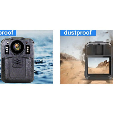 Two images of a waterproof and dustproof camera with water and sand backgrounds.