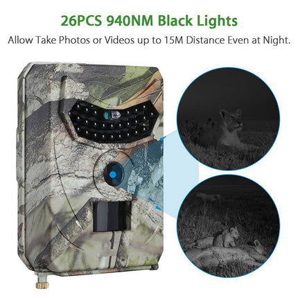 Camouflage trail camera with black light feature and night vision capabilities.
