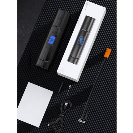 A sleek black electronic vape device with a blue digital display is shown next to its white retail box, along with accessories including a charging cable, a small white card, and a long black tool with an orange tip, all arranged on a dark textured background.