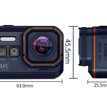 Action camera with dimensions displayed on a white background