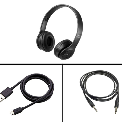 Black headphones and two cables on a white background