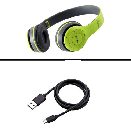 Green and black headphones with a USB cable on a white background