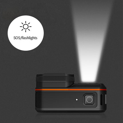 Black device with SOS/flashlights icon and light projection on a dark background