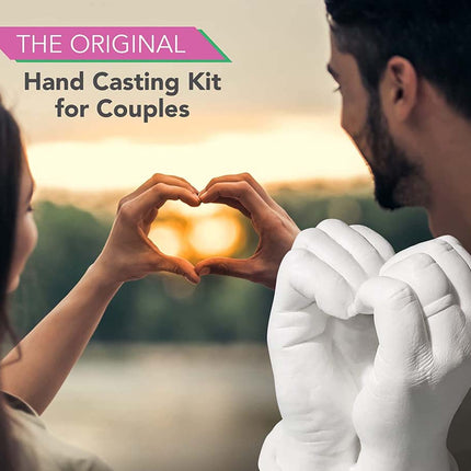 Couple making a heart shape with their hands, with text 'The Original Hand Casting Kit for Couples' at the top.
