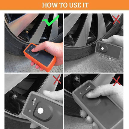 Instructions on how to use a device with images of a car tire and a hand holding the device.