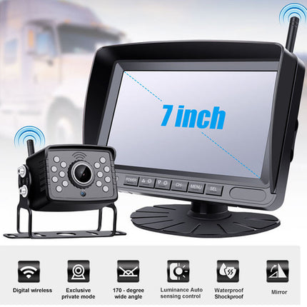 7-inch monitor with wireless camera on a blurred truck background
